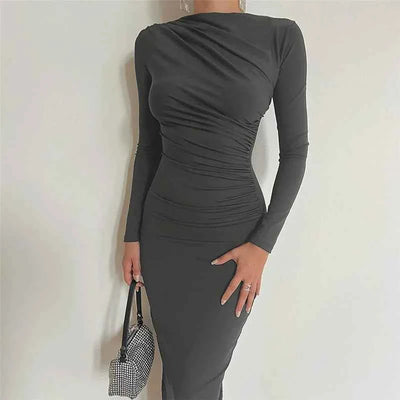 Pleated Maxi Dress - Bodycon Fitted Long Sleeve Elegant