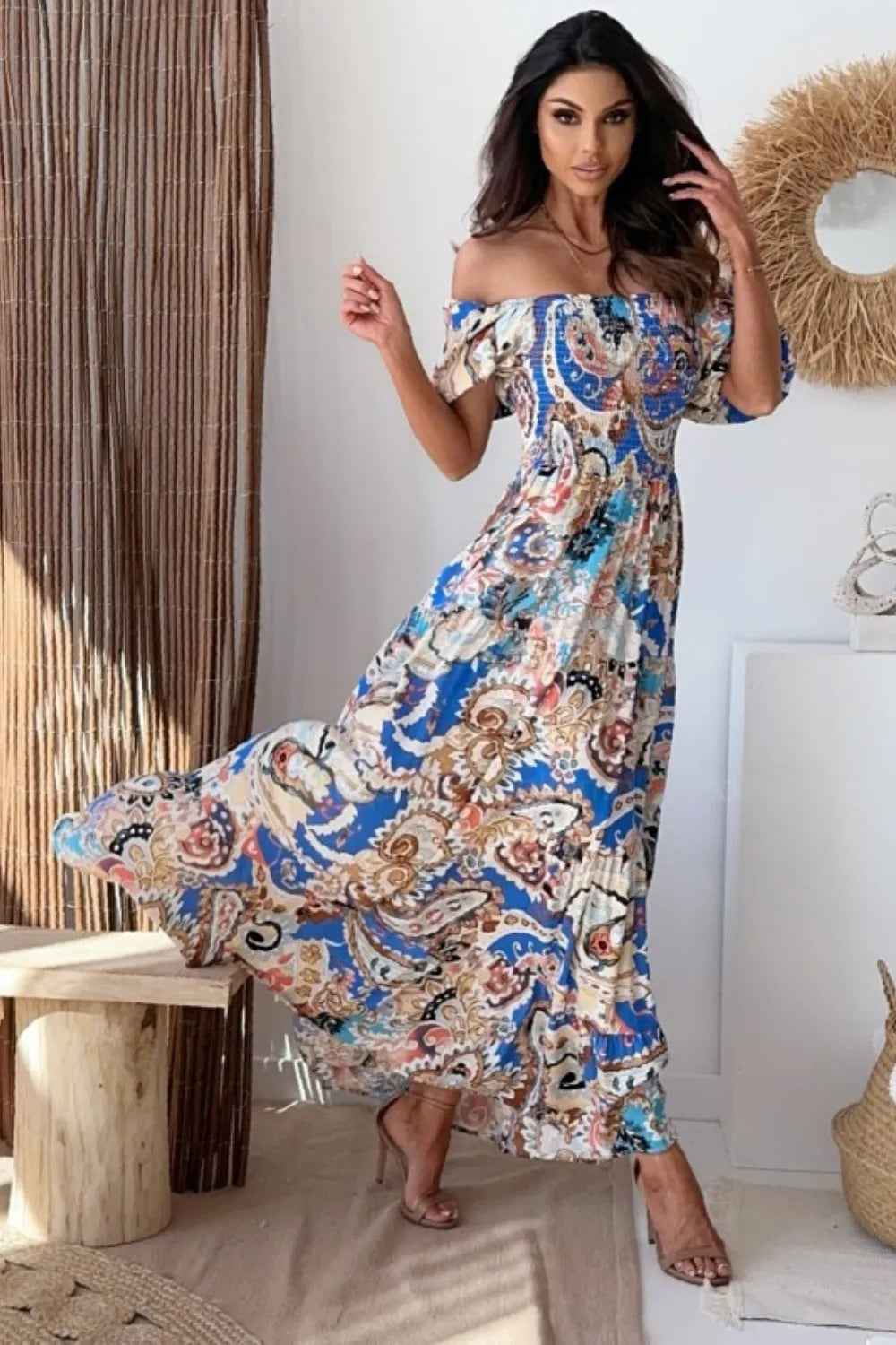 Smocked Bodice Maxi Dress - Printed Short Sleeve Flowy