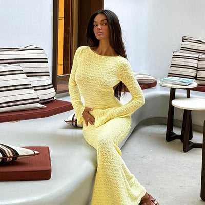 Backless Maxi Dress - Tie Detail Long Sleeve Yellow - Fashions Envy