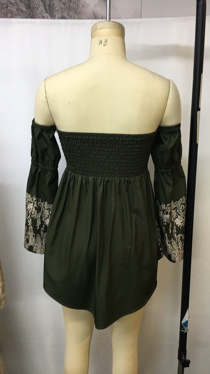 Vintage Floral Mini Dress - Off Shoulder Western Style