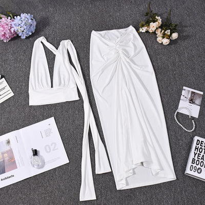 Halter Crop Top and Maxi Skirt Set - White Backless Outfit
