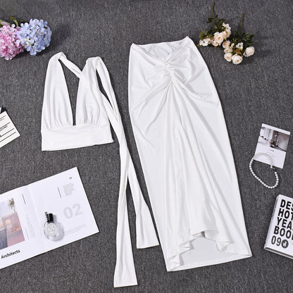 Halter Crop Top and Maxi Skirt Set - White Backless Outfit