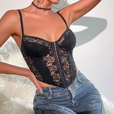 Cross-border Lace Sequin Unique Design Sense Simple Style Spicy Girl Hollow-out Transparent Small Camisole