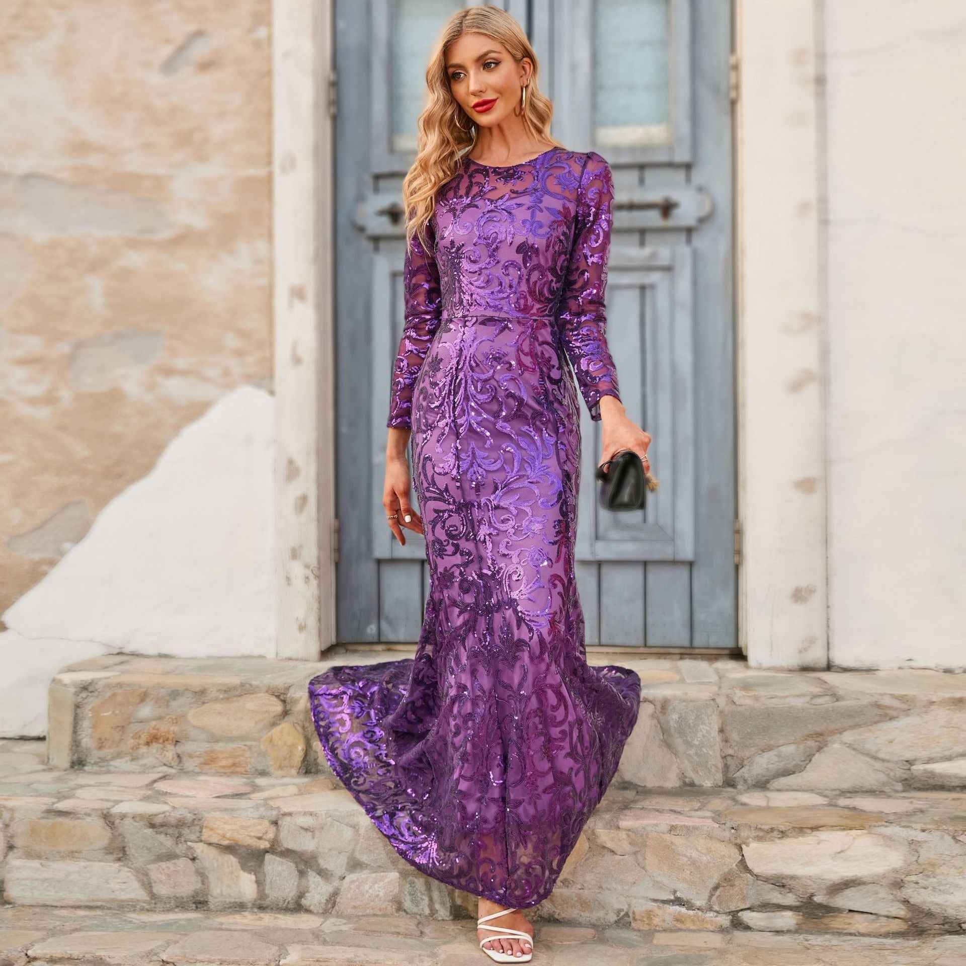 Long Sleeve Sequin Gown - Floor Length Formal Evening Dress