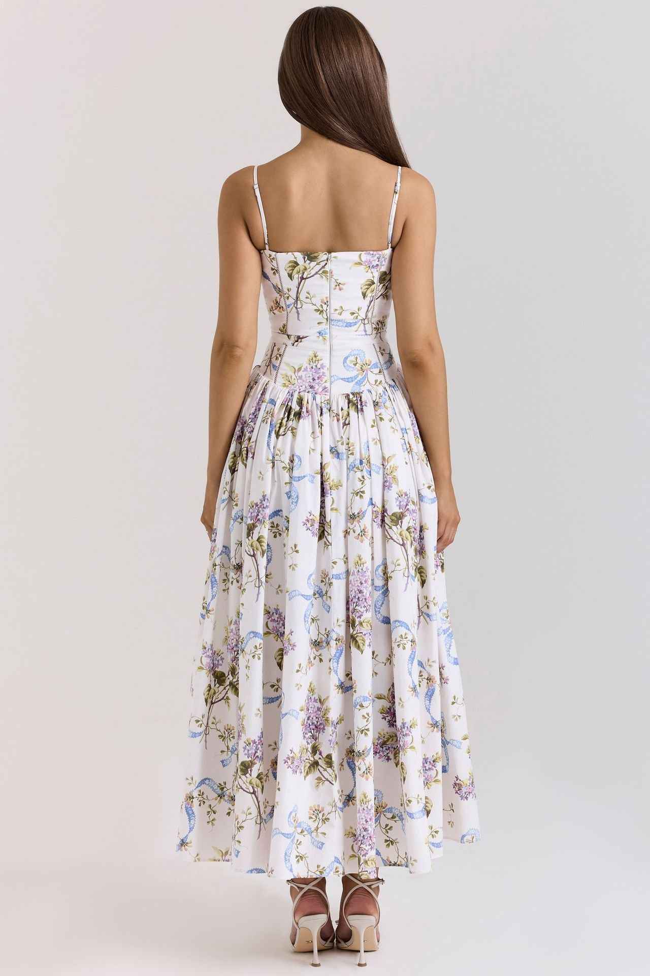 Floral Cami Maxi Dress - Cinched Waist A-Line Spaghetti Strap