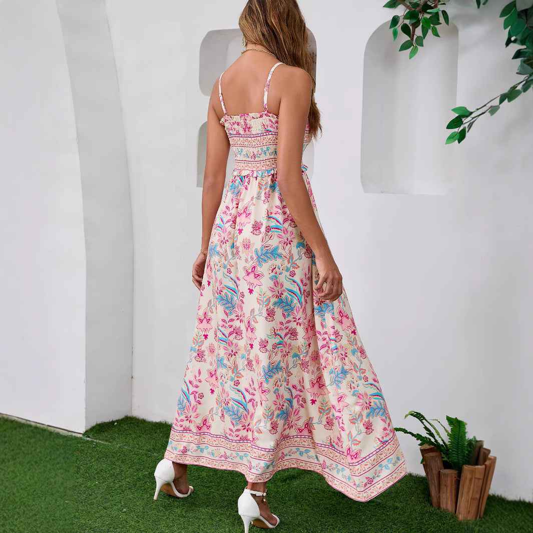 Ethnic Print Bohemian Maxi Dress - Backless Tie-Up Beach Style
