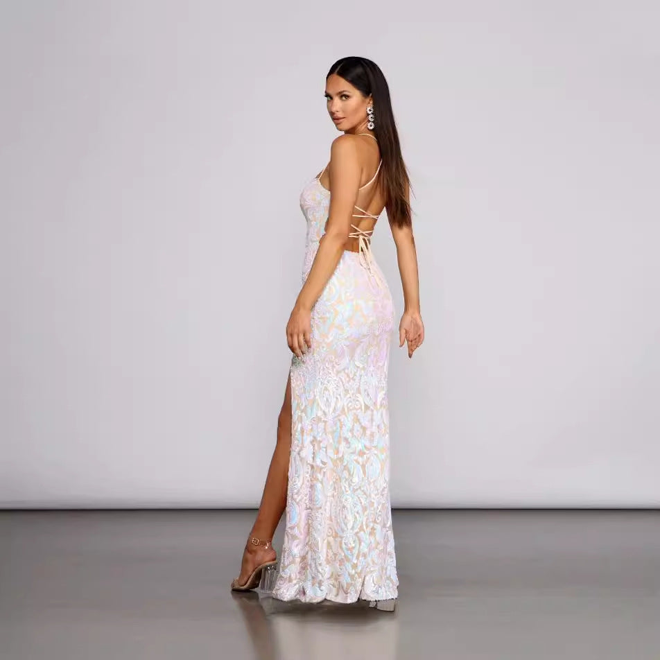 Party Sequin Sexy Dress - White Floral Sleeveless Halter
