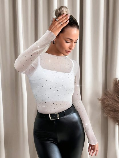 Transparent Mesh Top - Rhinestone Long Sleeve Stand Collar