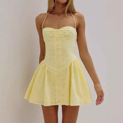 Summer Women's Spicy Sexy Halter Neck Yellow Summer Mini Dress Slim Backless Waist-Cinching Design Sense