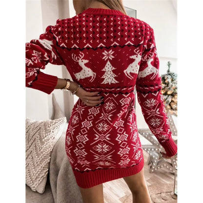 Christmas Elk Print Sweater Dress - Knit Bodycon Style