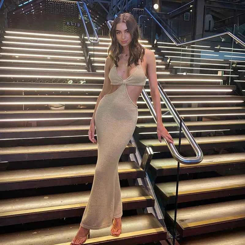 Cut Out Backless Knit Maxi Dress - Bodycon Vacation Style