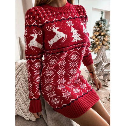 Christmas Elk Print Sweater Dress - Knit Bodycon Style