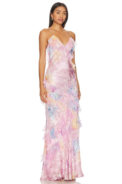 Floral Wavy Edge Skinny Halter Maxi Dress