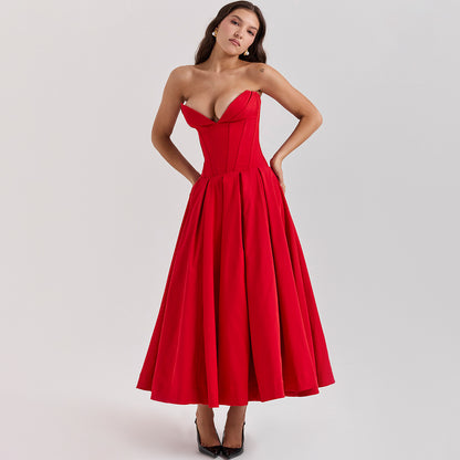 Strapless Midi Dress - Backless Tie Waist Style