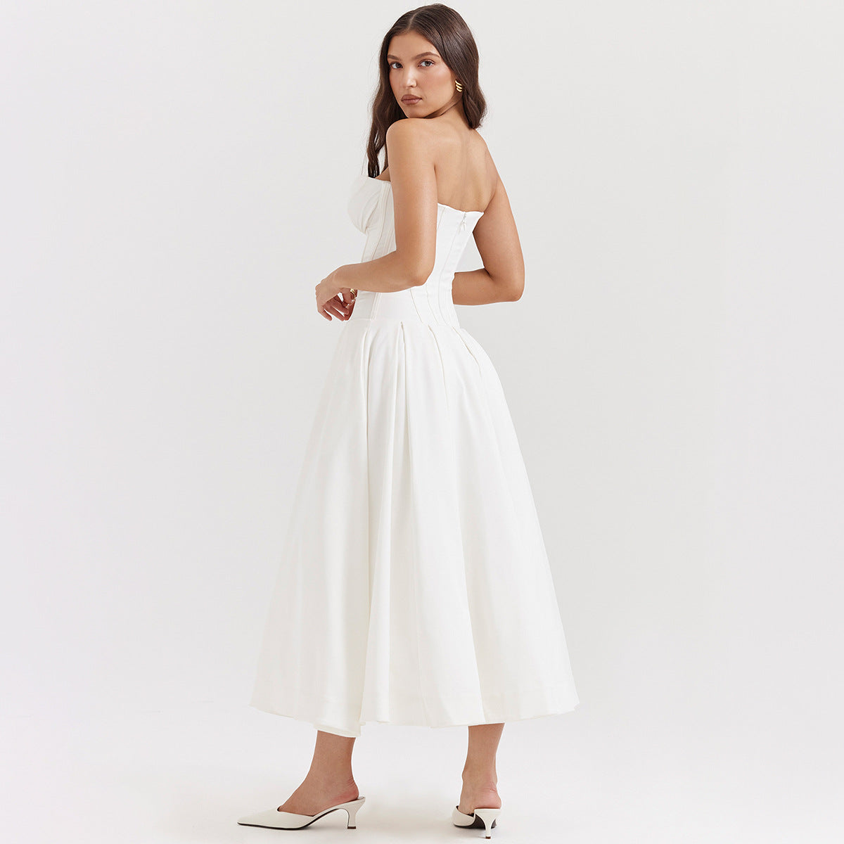 Strapless Midi Dress - Backless Tie Waist Style