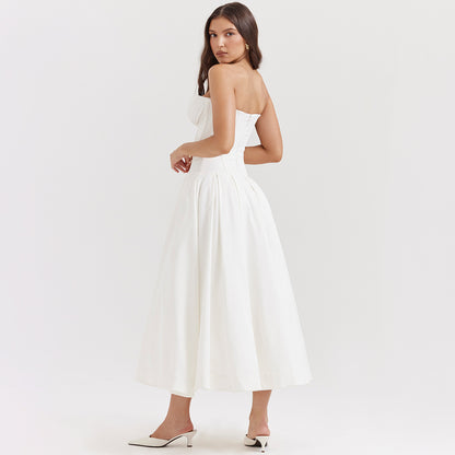 Strapless Midi Dress - Backless Tie Waist Style