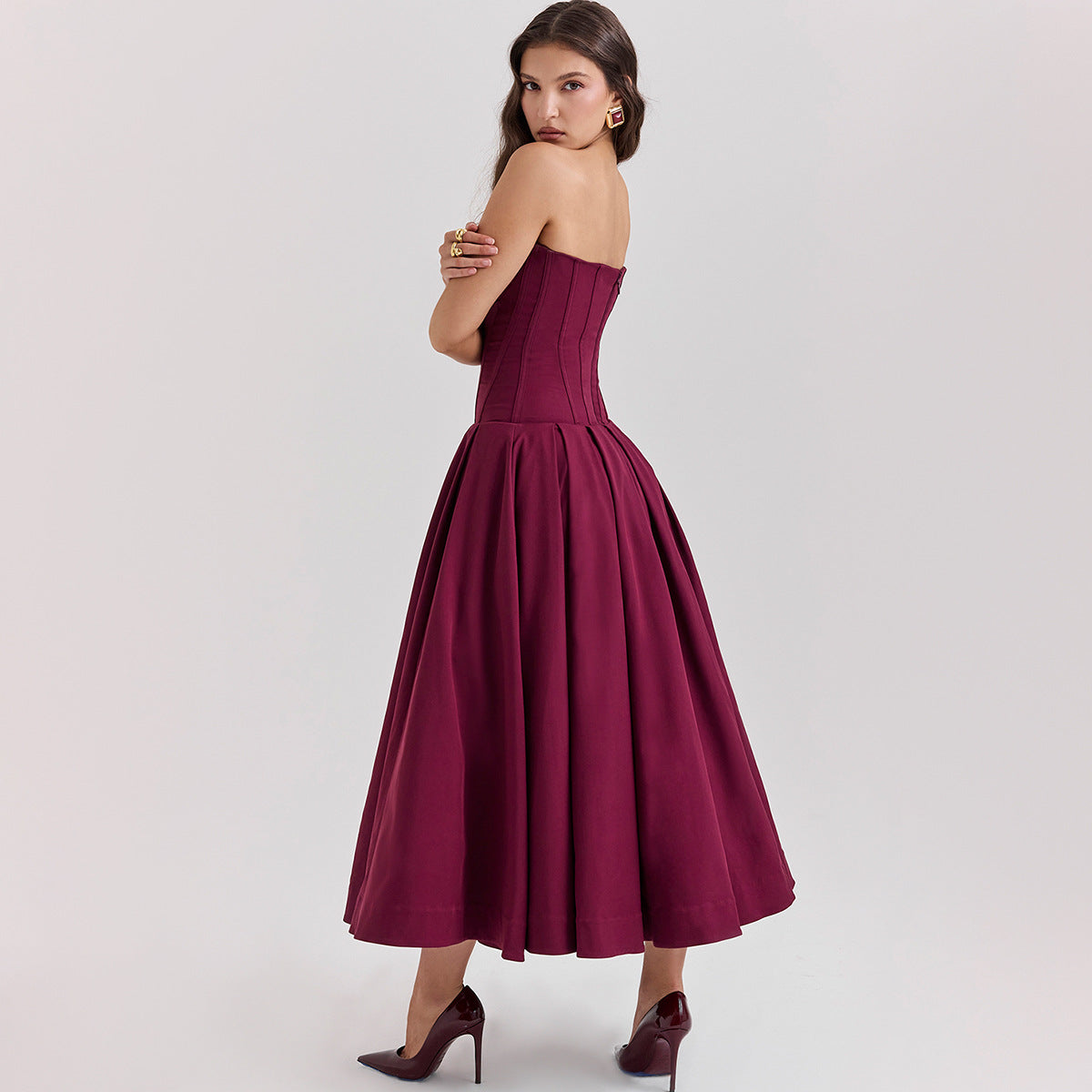 Strapless Midi Dress - Backless Tie Waist Style