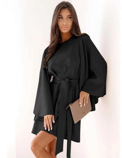 Autumn Mini Dress - Flared Sleeve Lace-Up Round Neck - Fashions Envy