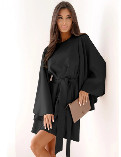 Autumn Mini Dress - Flared Sleeve Lace-Up Round Neck