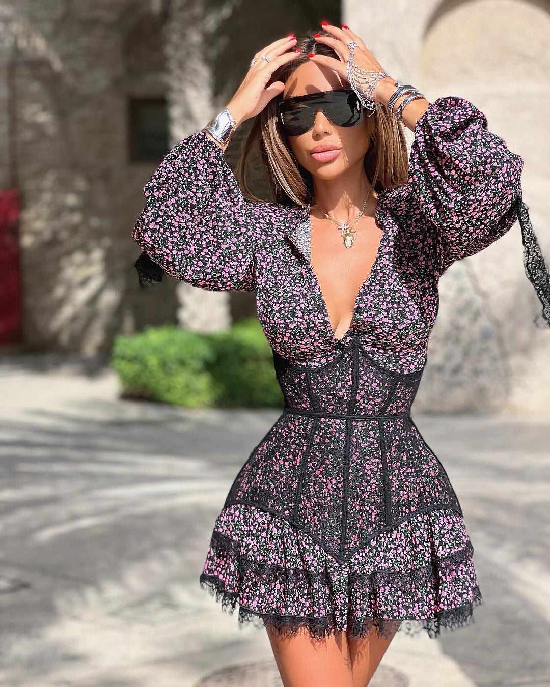 Floral Bliss Dress - High Waist Long Sleeve Mini Dress