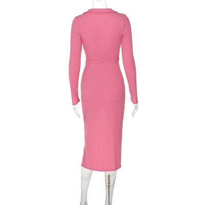 Bodycon Dress - Long Sleeve Tie Waist Split - Fashions Envy