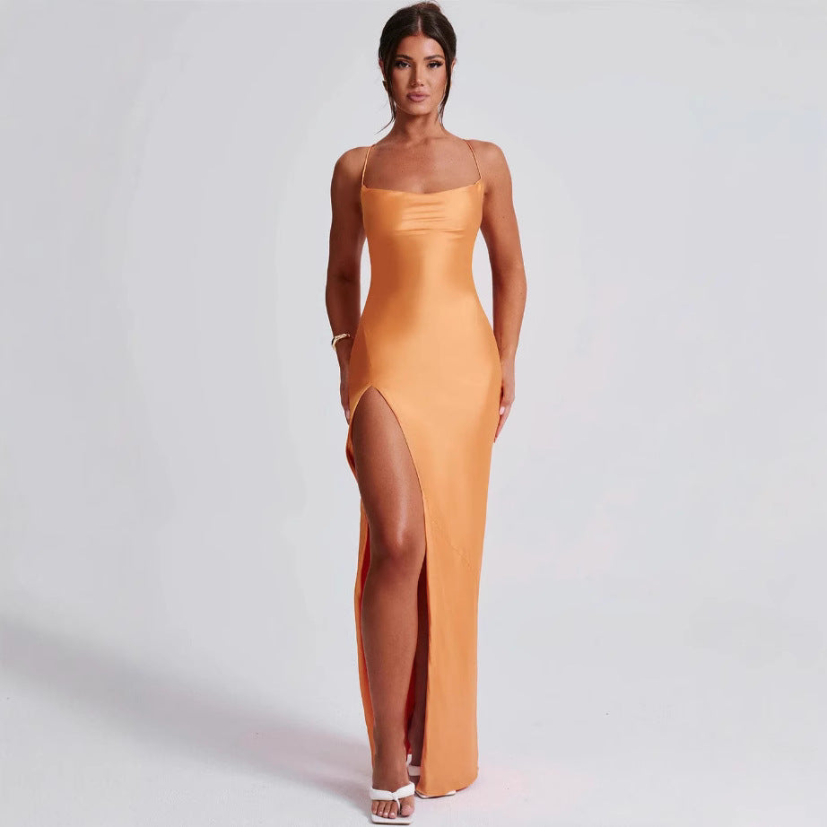 Premium Satin Sleeveless Sexy Backless Lace Up Maxi Dress