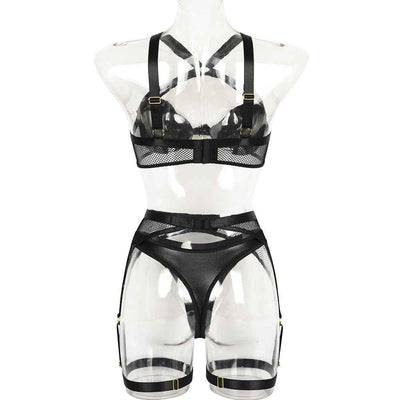 Mesh Lingerie Set - Black Bra Thong Garter Belt Three Piece