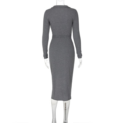 Bodycon Dress - Long Sleeve Tie Waist Split - Fashions Envy