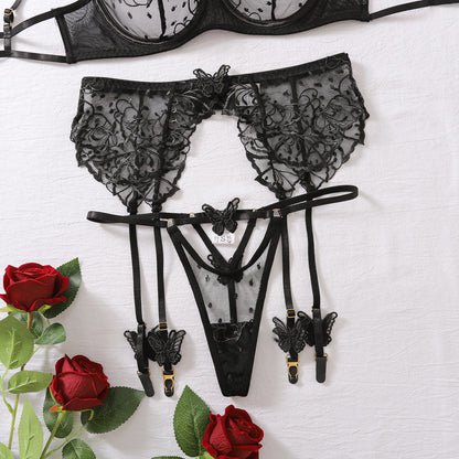 Lace Lingerie Three-Piece - Butterfly Backless Bra Style