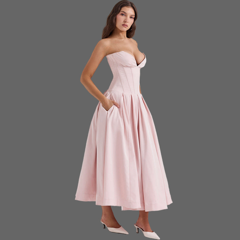 Strapless Midi Dress - Backless Tie Waist Style