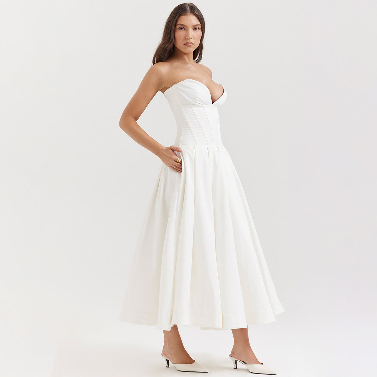 Strapless Midi Dress - Backless Tie Waist Style