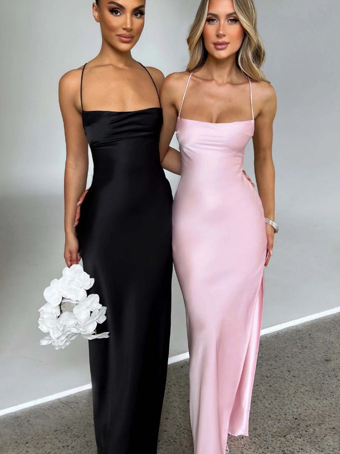 Premium Satin Sleeveless Sexy Backless Lace Up Maxi Dress