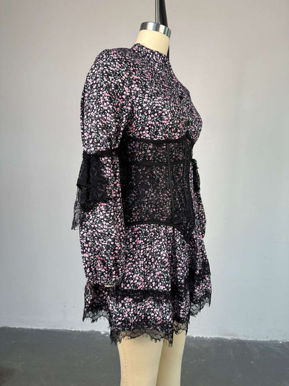 Floral Bliss Dress - High Waist Long Sleeve Mini Dress