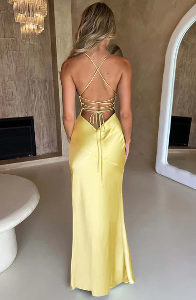 Backless Slit Maxi Dress - Satin Halter Neck Style