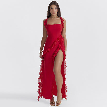 Spaghetti Strap Maxi Dress - Elegant High Slit Evening Gown