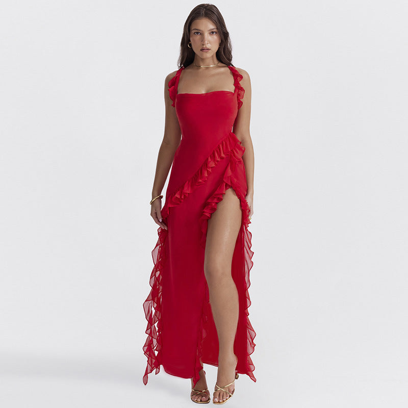 Spaghetti Strap Maxi Dress - Elegant High Slit Evening Gown