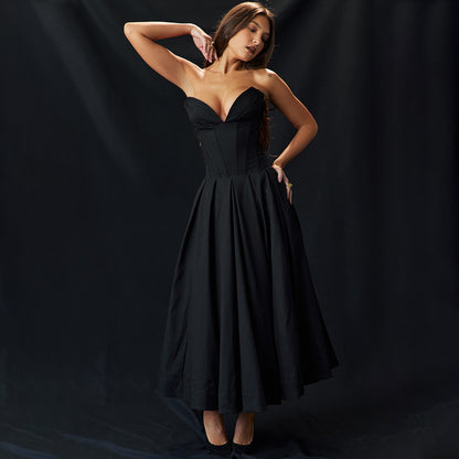 Strapless Midi Dress - Backless Tie Waist Style