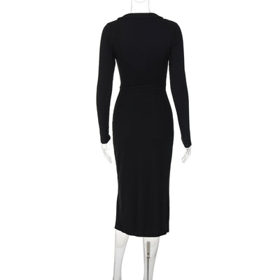 Bodycon Dress - Long Sleeve Tie Waist Split - Fashions Envy