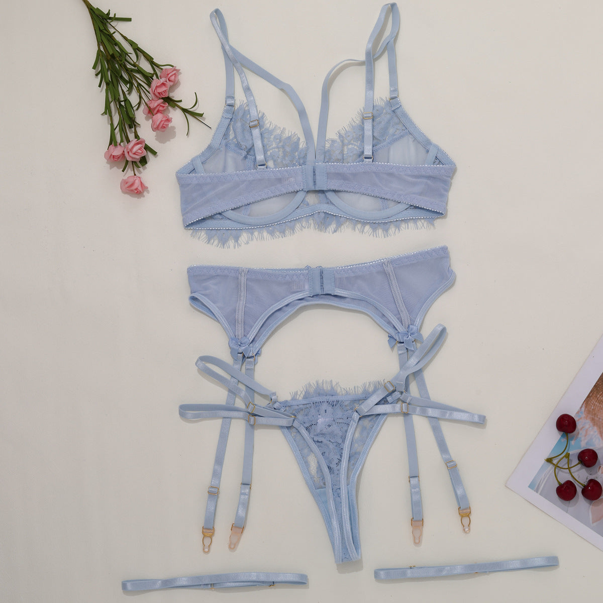 Eyelash Garter Set - 3 Piece Sheer Lingerie