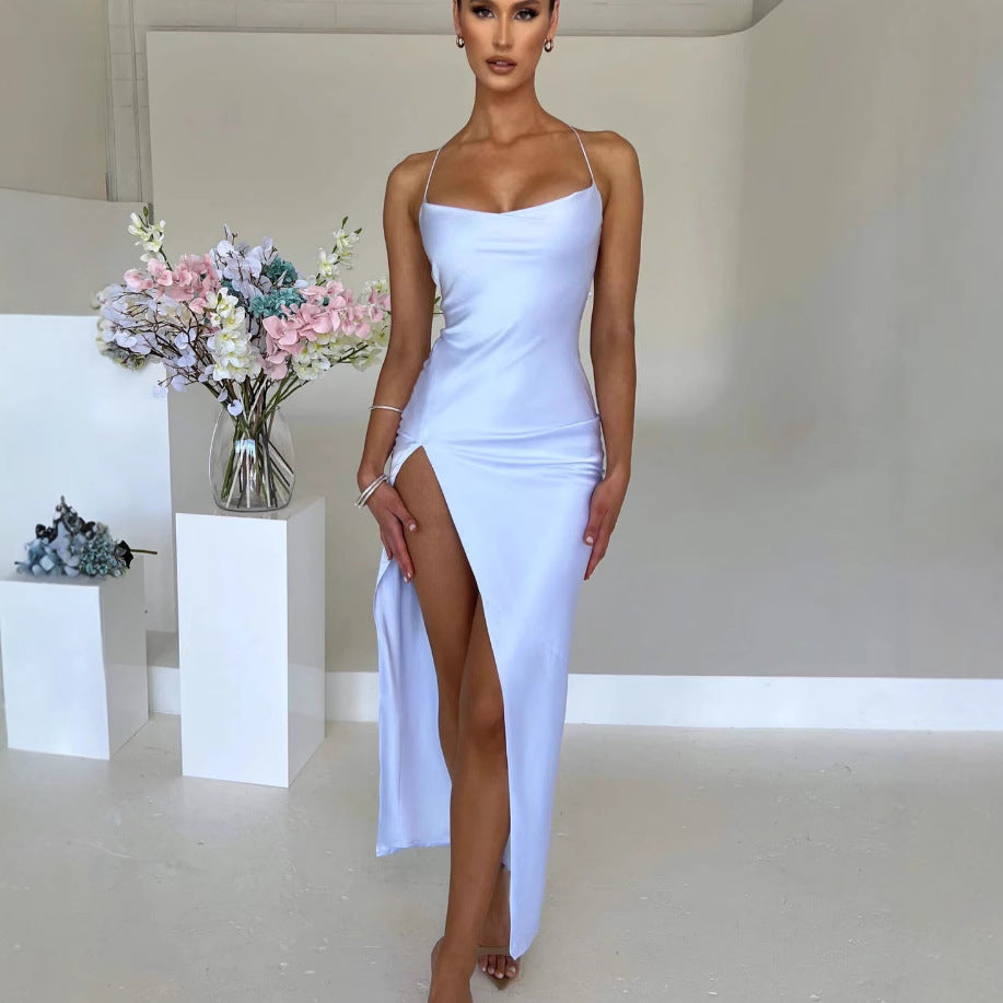 Premium Satin Sleeveless Sexy Backless Lace Up Maxi Dress