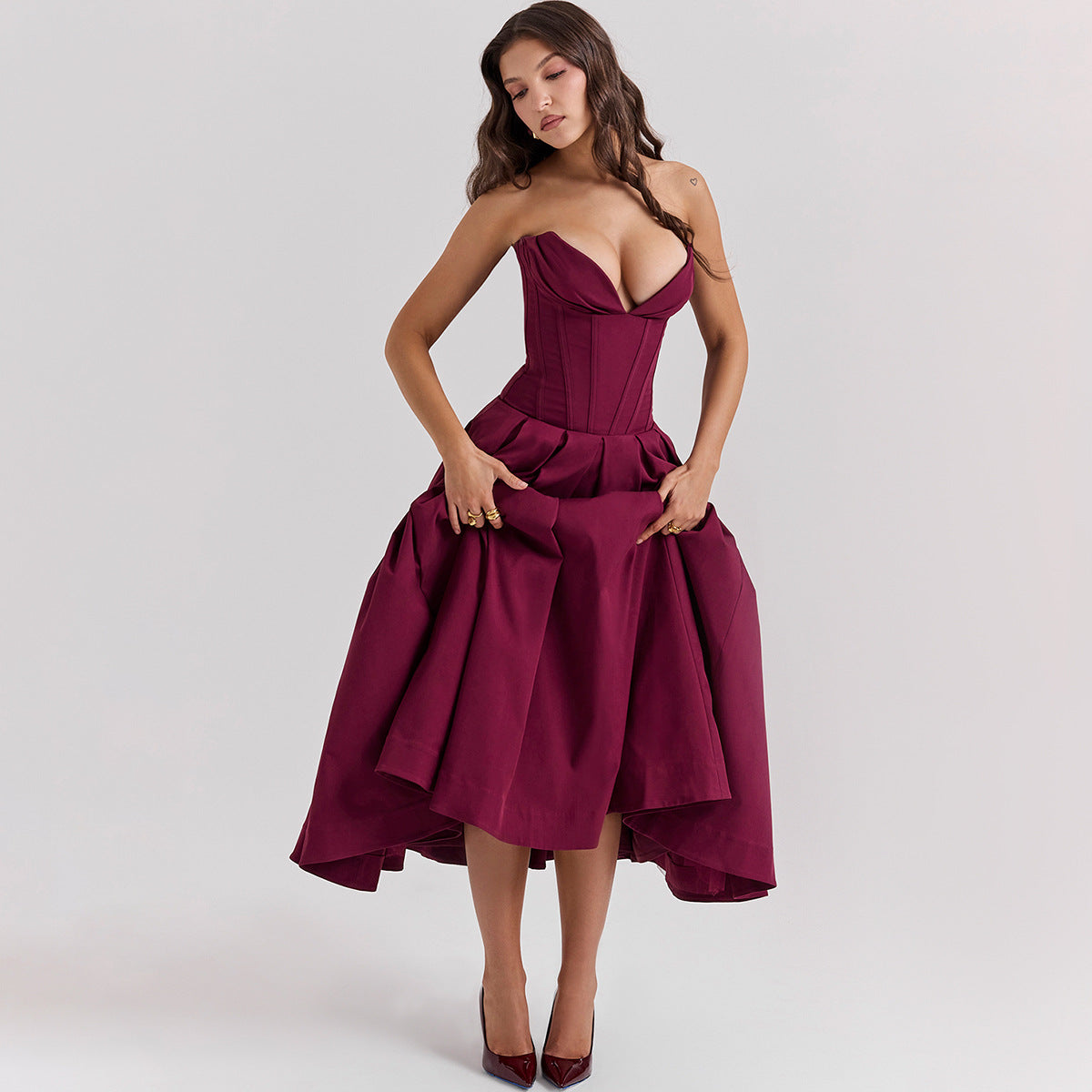 Strapless Midi Dress - Backless Tie Waist Style