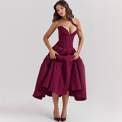 Strapless Midi Dress - Backless Tie Waist Style