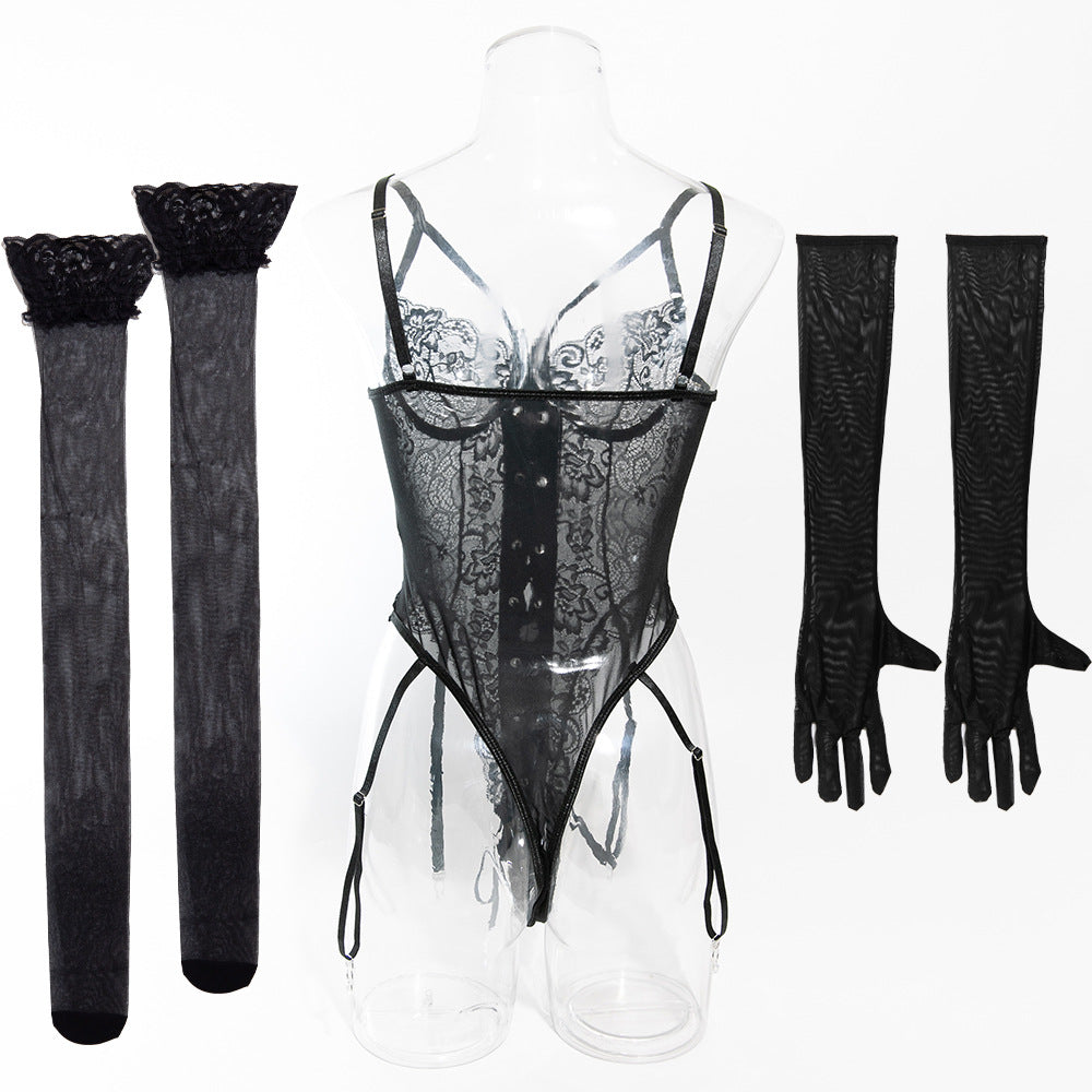 Lace Bodysuit Set - Gloves & Stockings Included