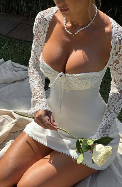 Halter Neck Lace-Up Mini Dress - Long Sleeve Style