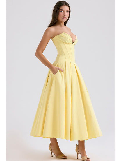 Strapless Midi Dress - Backless Tie Waist Style