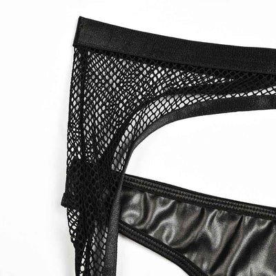 Mesh Lingerie Set - Black Bra Thong Garter Belt Three Piece
