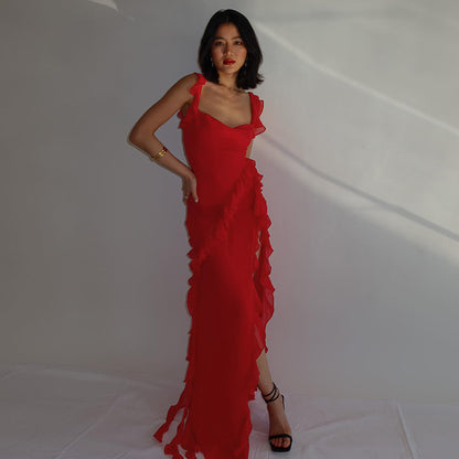 Spaghetti Strap Maxi Dress - Elegant High Slit Evening Gown