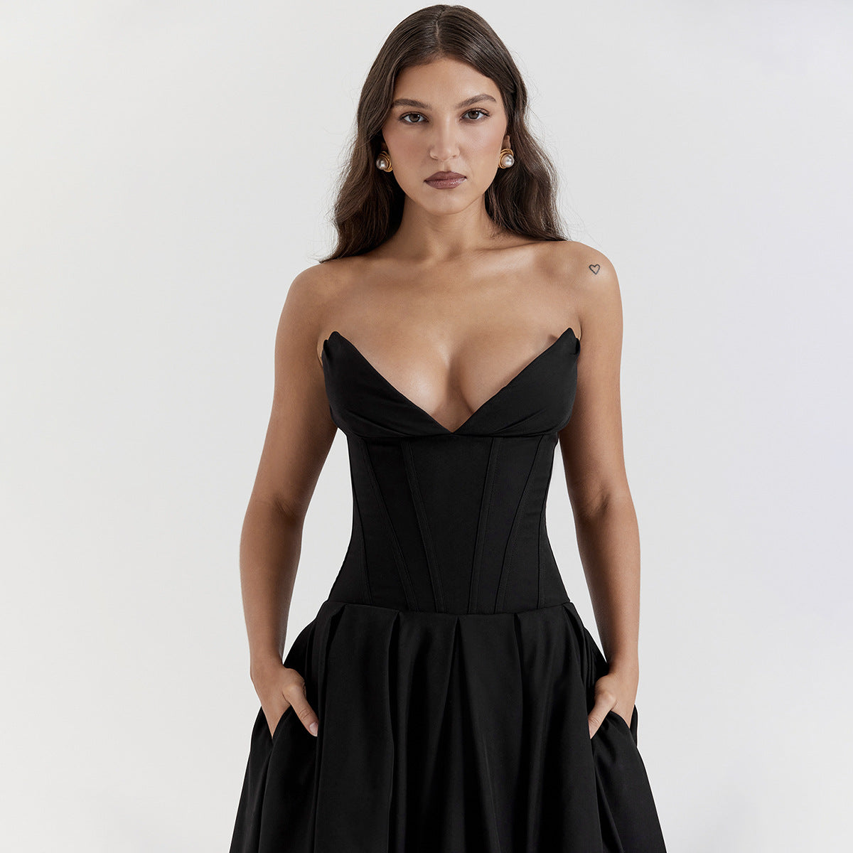 Strapless Midi Dress - Backless Tie Waist Style