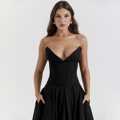 Strapless Midi Dress - Backless Tie Waist Style