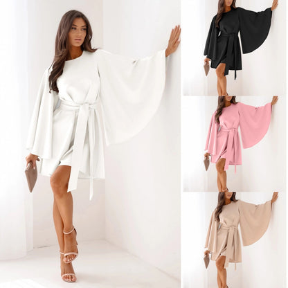 Autumn Mini Dress - Flared Sleeve Lace-Up Round Neck